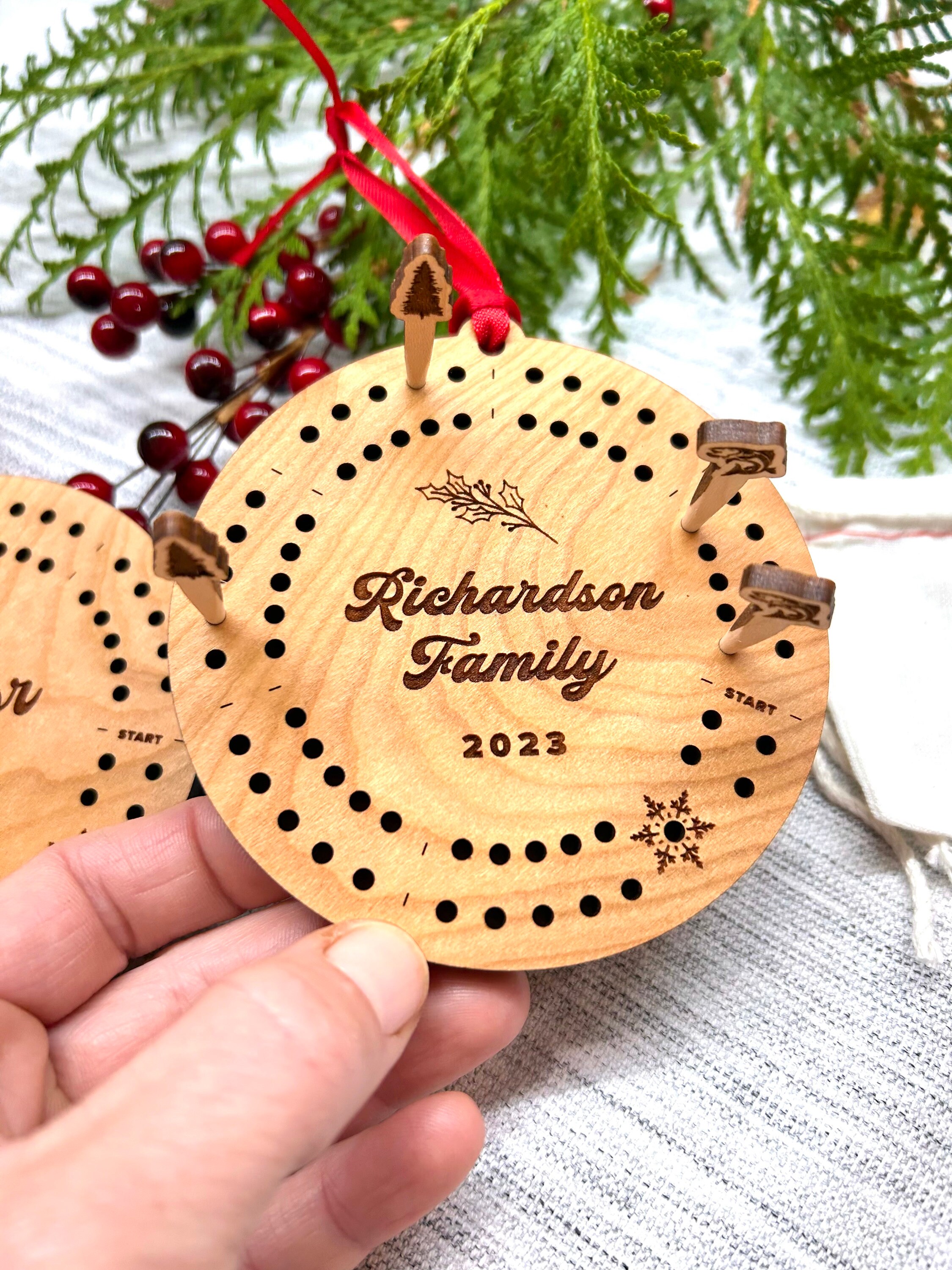 Cribbage Ornament 2024 Personalized | Round Travel Cribbage Board Holiday Ornament & Pegs | Stocking Stuffer