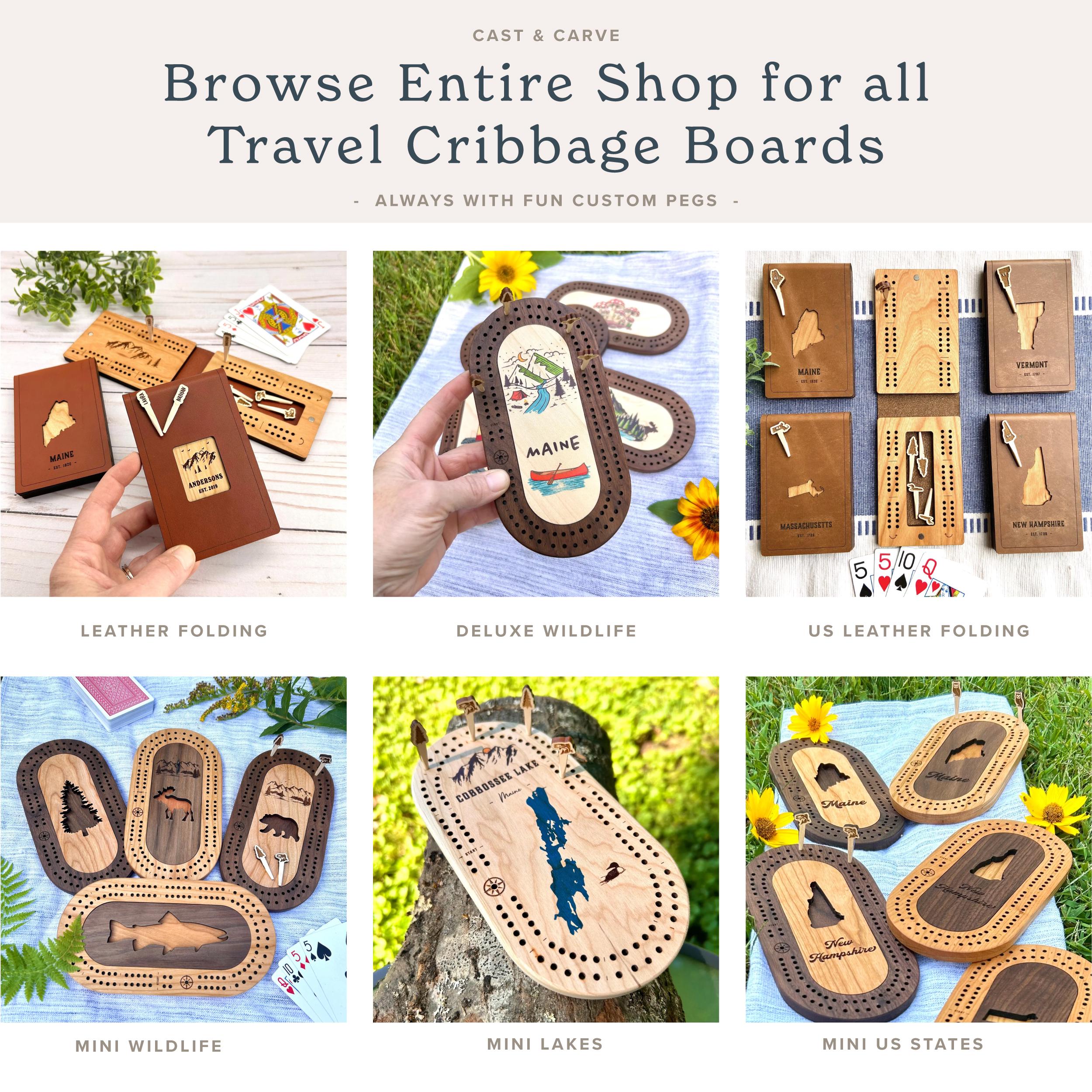 Wildlife Mini Cribbage Board Personalized with Custom Pegs - Bees, Fish, Moose, Bear, Tree, Bigfoot, Small Travel Cribbage