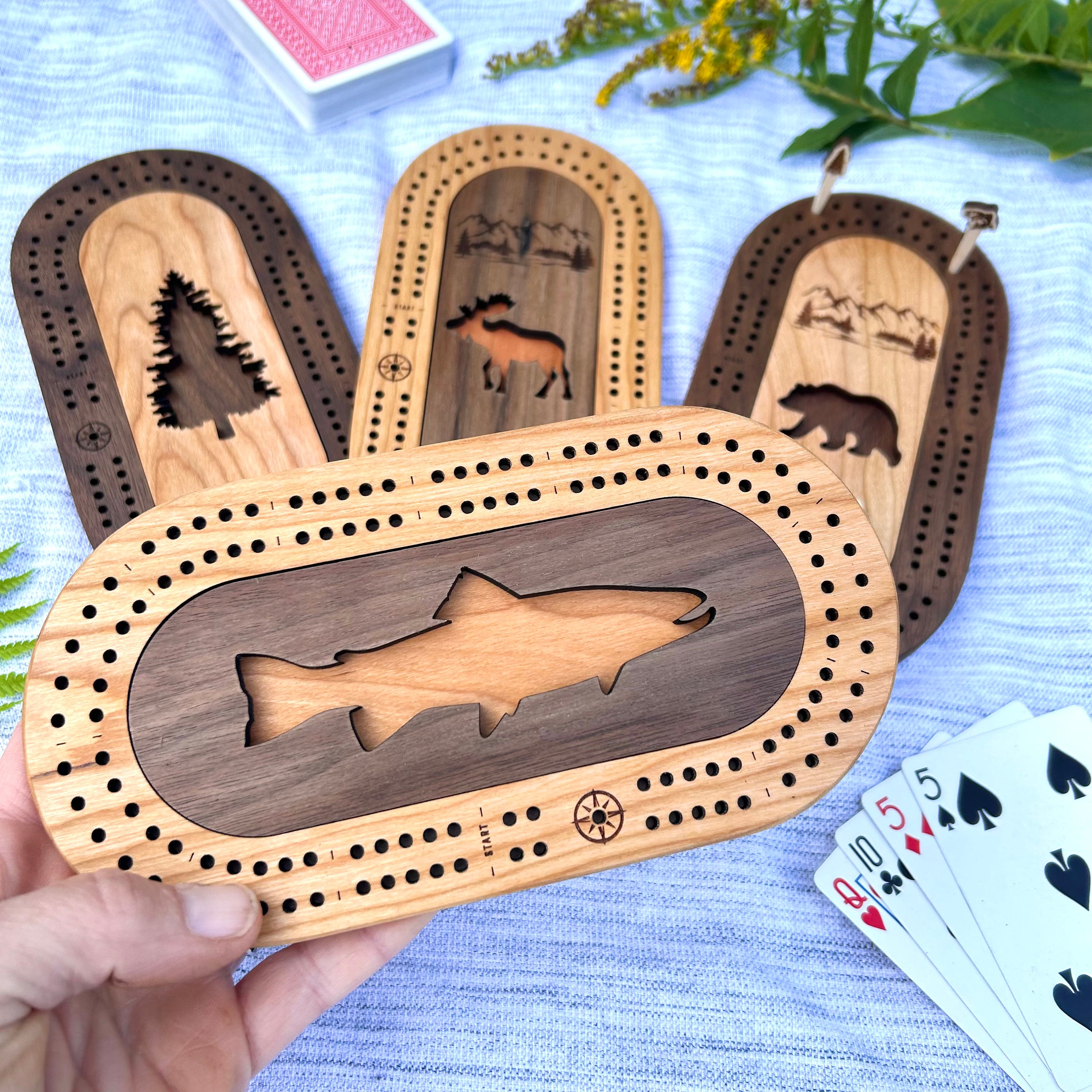 Wildlife Mini Cribbage Board Personalized with Custom Pegs - Bees, Fish, Moose, Bear, Tree, Bigfoot, Small Travel Cribbage