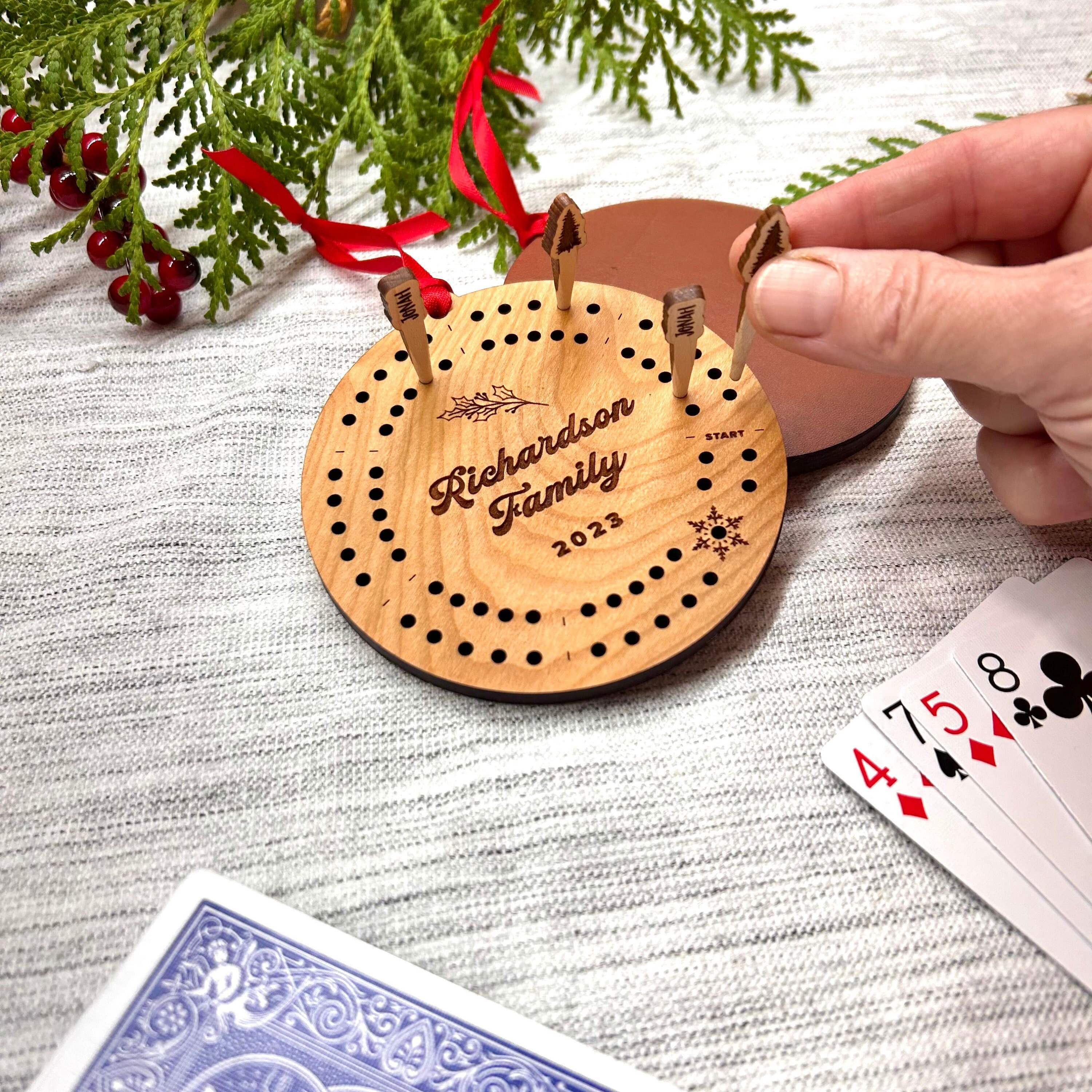 Cribbage Ornament 2024 Personalized | Round Travel Cribbage Board Holiday Ornament & Pegs | Stocking Stuffer