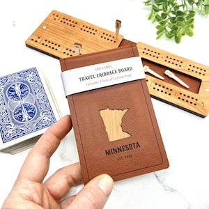 Minnesota Travel Cribbage Board & Custom Pegs / Portable State Cribbage / Pocket Game / Foldable Mini Cribbage / Your USA State Travel Gift