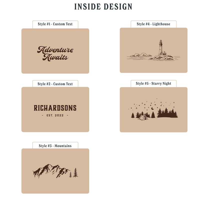 May include: A collection of brown rectangular designs with various illustrations and text. Designs include a lighthouse, mountains, a starry night scene with a tent, and the text "Adventure Awaits" and "RICHARDSONS - EST. 2022".