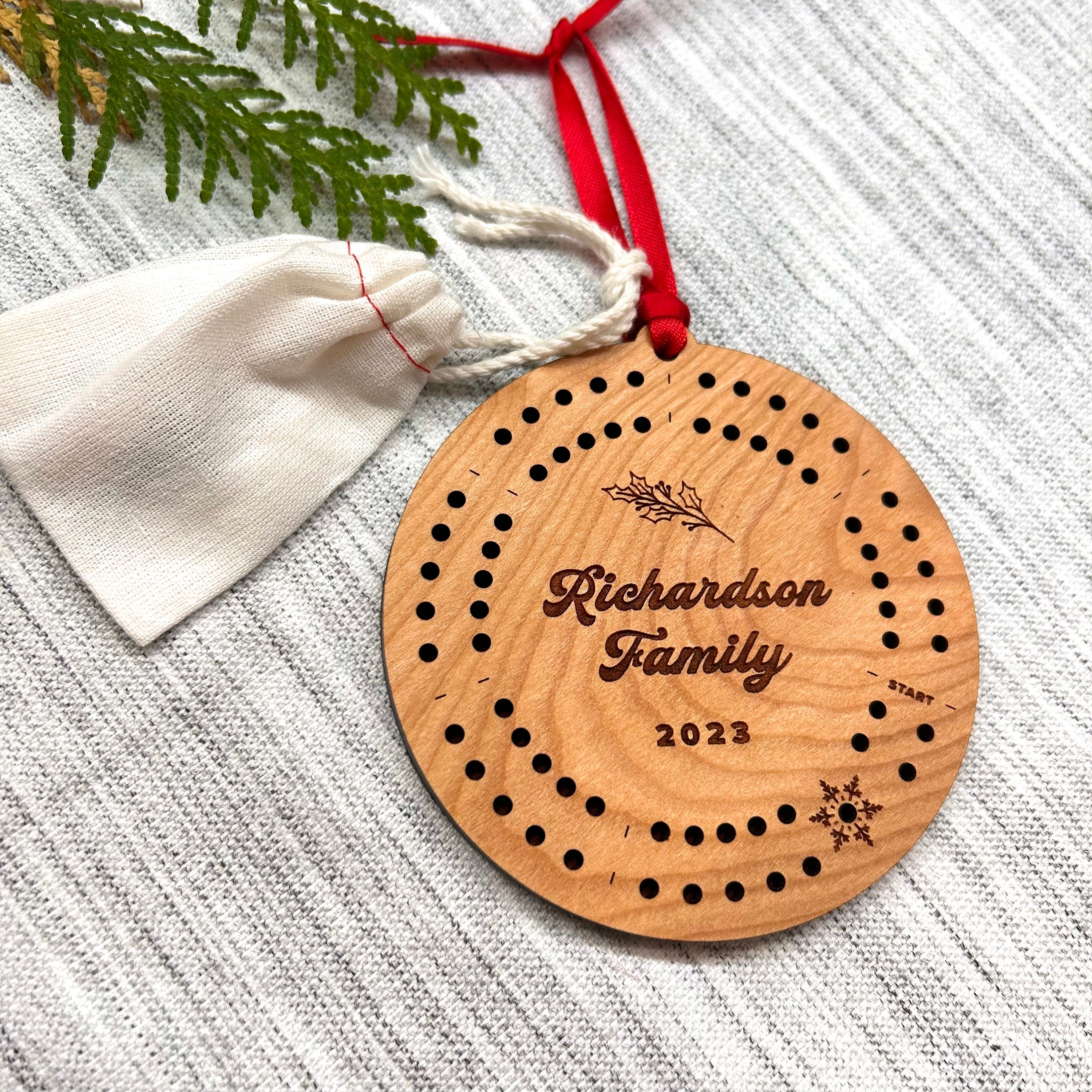 Cribbage Ornament 2024 Personalized | Round Travel Cribbage Board Holiday Ornament & Pegs | Stocking Stuffer