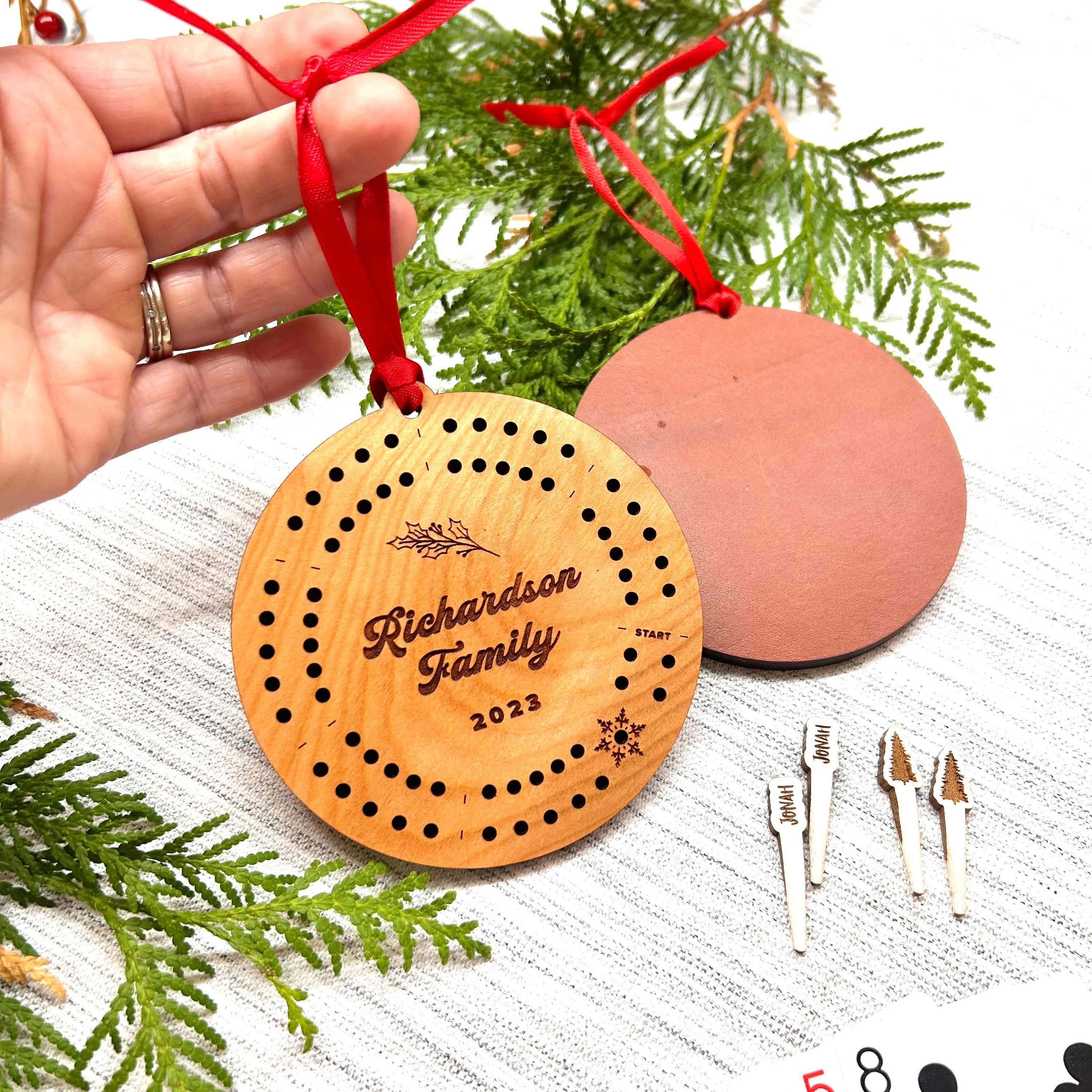 Cribbage Ornament 2024 Personalized | Round Travel Cribbage Board Holiday Ornament & Pegs | Stocking Stuffer