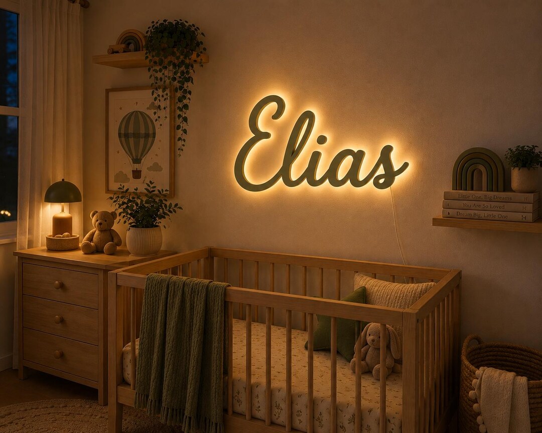 Personalized LED Name Sign, Custom Cursive Wooden Nursery Decor, Warm ...