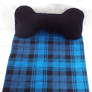 Dog Blanket Blue Black Plaid Fleece Bone Pillow