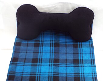 Dog Blanket Blue Black Plaid Fleece Bone Pillow