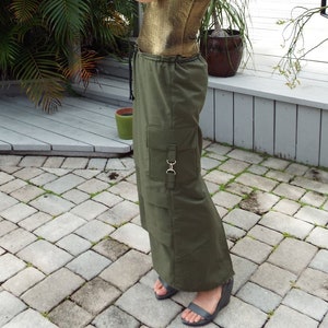 Maxi Skirt Long Skirt Olive Green Cargo Pockets Drawstring Waist image 1