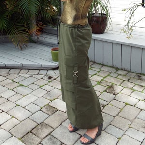 Maxi Skirt Long Skirt Olive Green Cargo Pockets Drawstring Waist