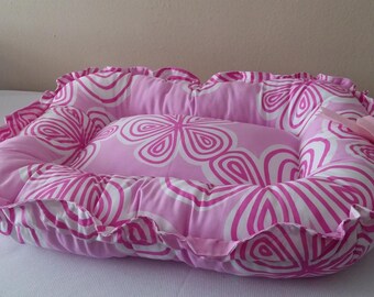 Pet Bed Pink & White Flowers Reversible Adjustable Small