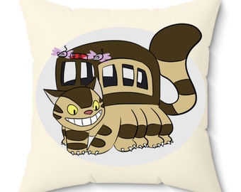 Totoro Catbus Fanart Throw Pillow Fleece Back 14" x 14"