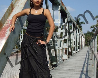 Long Skirt Black Cotton Parachute Skirt