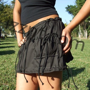 Mini Skirt black cotton skirt drawstring waist pockets