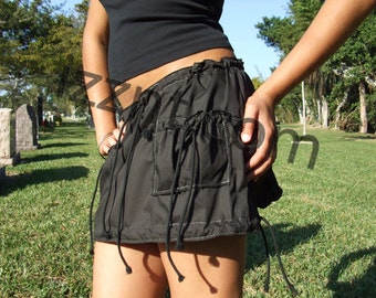 Mini Skirt black cotton skirt drawstring waist pockets