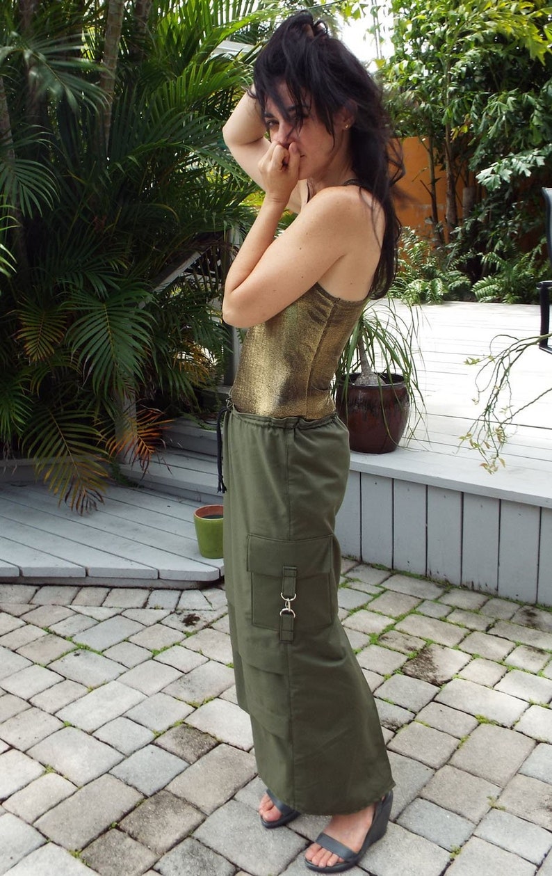 Maxi Skirt Long Skirt Olive Green Cargo Pockets Drawstring Waist image 1