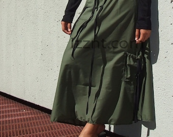 Long Skirt Front Kangaroo Pocket Olive Cotton Side Pockets