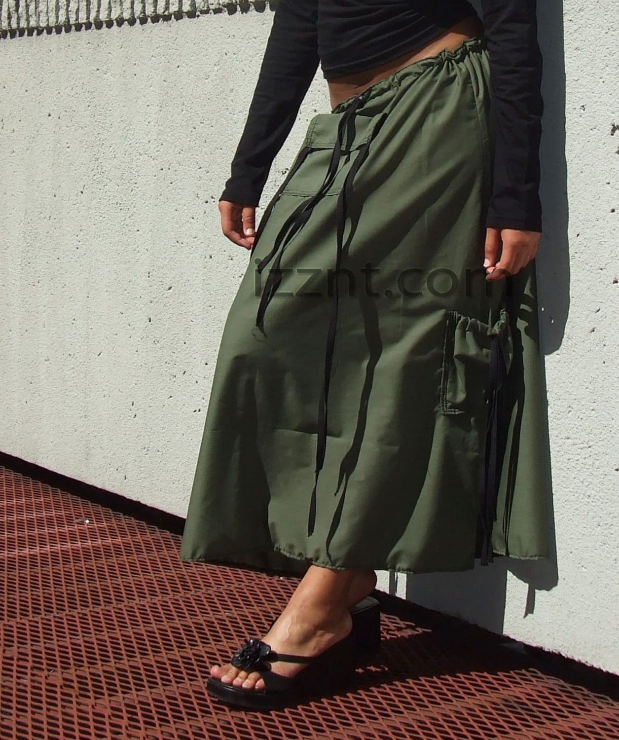 Jupe longue Poche kangourou sur le devant Coton olive Poches