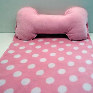 Dog Blanket Fleece Small/Medium Bone Pillow Pink White Dots