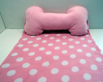 Dog Blanket Fleece Small/Medium Bone Pillow Pink White Dots
