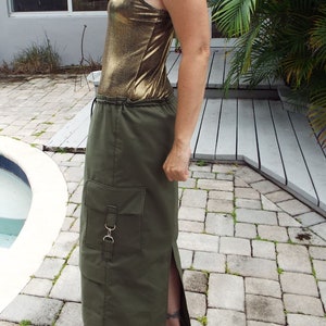 Maxi Skirt Long Skirt Olive Green Cargo Pockets Drawstring Waist image 3