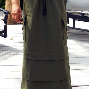 Maxi Skirt Long Skirt Olive Green Cargo Pockets Drawstring Waist image 4