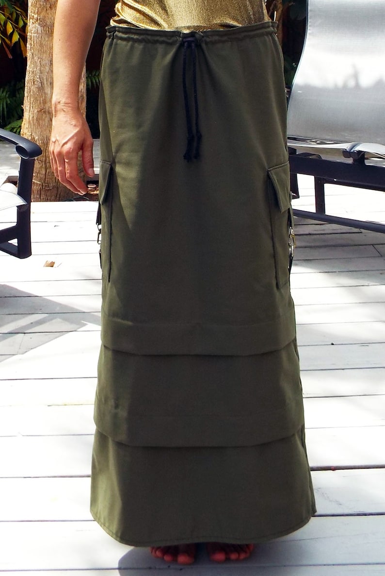 Maxi Skirt Long Skirt Olive Green Cargo Pockets Drawstring Waist image 4