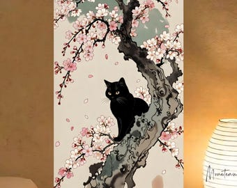 May include: A poster featuring a black cat perched on a tree branch with pink cherry blossoms. The artwork has a soft, watercolor style with a neutral background. The cat has yellow eyes and is the focal point of the image.