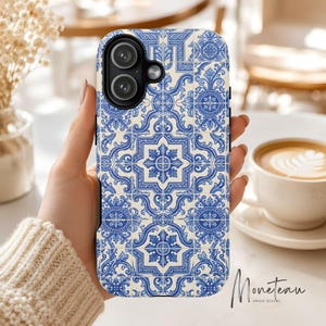 Custodia per telefono con motivo a piastrelle Azulejo / Cover con effetto piastrelle Azulejo portoghesi bianche / iPhone Samsung Pixel