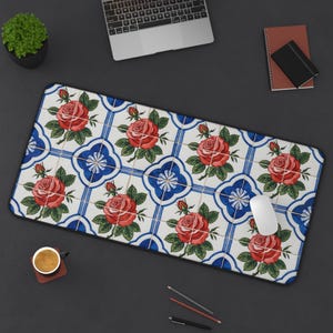 Azulejo Desk Mat | Portuguese Red Rose Blue Tile Floral Pattern Large Extended Mouse Pad