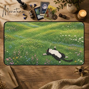 Cute Anime Cat Mat | Extended Mouse Pad | Desk Tarot TCG Gaming Playmat Office Decor | Sleepy Meadow Floral Gift