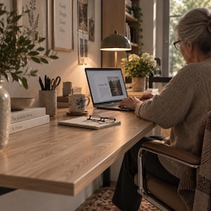 Op de afbeelding: Een lichthouten bureauoppervlak met een laptop, een spiraalnotitieblok, een bril, een keramische mok met blauwe bloemmotieven, een pennenhouder, een kleine kom en twee gestapelde boeken met de titels The Kinfolk Home en At Home.