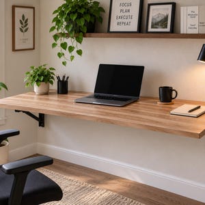 May include: A wall-mounted wooden desk with a light brown wood grain finish, supported by black metal brackets. The desk surface holds a laptop, a black mug, a notebook with a pen, and a black desk lamp. A black office chair is positioned nearby.
