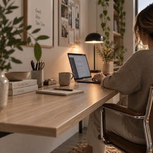 Puede incluir: Un escritorio de madera clara con un portátil, una taza de cerámica, un cuaderno de espiral con un bolígrafo, un portalápices, un cuenco pequeño y dos libros apilados titulados The Daily Stoic y At Home. Una lámpara negra ilumina el espacio.