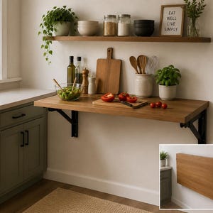 May include: A wall-mounted, light wood folding table with black metal brackets, shown in an open position with kitchen items and in a closed position. The table surface is wood-toned, and the inset image shows the table folded flat against the wall.