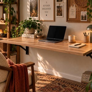 Peut inclure: Un bureau mural en bois avec des supports en métal noir, comprenant un ordinateur portable, une tasse en céramique, un carnet avec un stylo et une lampe verte. La surface du bureau est en bois clair, offrant un espace de travail fonctionnel.
