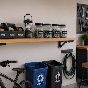 Può includere: Un garage ben organizzato con una mensola in legno. Contiene una cassetta degli attrezzi nera con le etichette "TAPE", "TWINE" e "TOOLS". Barattoli di vetro con etichette nere per chiodi, viti, bulloni e rondelle.