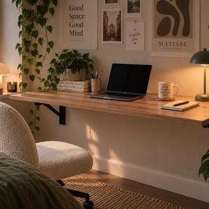 May include: A wall-mounted light wood desk with black metal brackets, featuring a laptop, a white mug with text, a notebook, a pen, and a green lamp. A white textured chair sits in front of the desk, which is surrounded by potted plants.