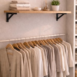 May include: A closet with a wooden shelf holding folded towels, a small bowl, and a potted plant. Below, a clothing rod displays neutral-toned shirts and jackets on wooden hangers, creating a minimalist aesthetic.
