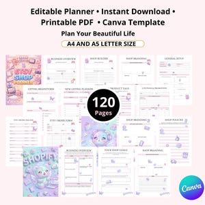 Puede incluir: Un conjunto de plantillas de planificador editable con 120 páginas en tamaños A4 y A5. Las páginas incluyen secciones para resumen de negocio, creación de tienda, branding, lluvia de ideas, seguimiento de pedidos y políticas con gráficos pastel.