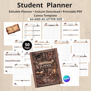 Puede incluir: Un planificador estudiantil de 50 páginas con una portada oscura de estilo vintage que muestra libros, rosas y una vela. El conjunto incluye páginas PDF imprimibles para información de clases, tareas, seguimiento de notas y lecturas en A4 y A5.