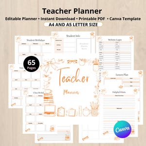 Puede incluir: Un conjunto de plantillas de planificador para docentes de 65 páginas con ilustraciones de líneas naranjas de lazos, libros y material escolar. Las páginas incluyen secciones para cumpleaños, inicios de sesión web, planes de lecciones y consejos.