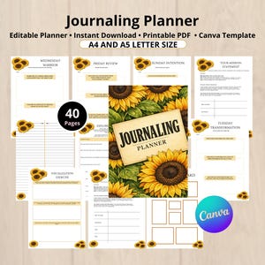 Puede incluir: Una plantilla de planificador de diario de 40 páginas con ilustraciones de girasoles y texto que incluye Journaling Planner, Wednesday Warrior, Friday Review, Sunday Intention, Your Mission Statement, Visualization Exercise y Tuesday Transformation en tamaño A4 y A5.