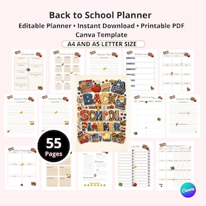 Puede incluir: Un conjunto de plantillas digitales Back to School Planner con 55 páginas en tamaños A4 y A5. La colección incluye varios diseños PDF imprimibles como planes semestrales, horarios y listas de tareas, decorados con gráficos escolares.