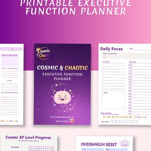 Op de afbeelding: Printbare executive function planner met een paarse en roze gradiënt achtergrond. De planner bevat secties voor dagelijkse focus, doelen, taken en een overbelastingsreset. De omslag bevat de tekst "Cosmic & Chaotic".