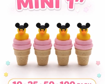 May include: Four miniature ice cream cone figurines. Each cone has a pink ice cream scoop topped with a yellow duck wearing a black hat. The cones are in a waffle cone shape. The text "MINI 1" is above the cones, and "10 • 25 • 50 • 100 PACK" is below.