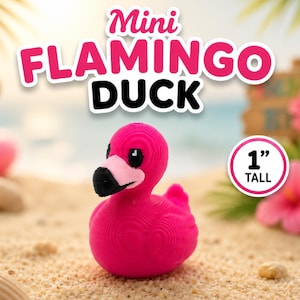 May include: A bright pink flamingo-shaped duck figurine with a black and light pink beak. The text Mini FLAMINGO DUCK is displayed above the object, and a circular badge indicates the item is 1 inch tall.