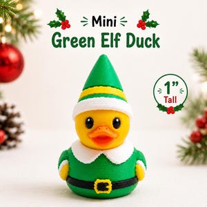 Mini Green Elf Duck – 1" Tall - Christmas Rubber Duck – Holiday Cruise Duck – 3D Printed Elf Duck – Stocking Stuffer – Festive Duck Gift