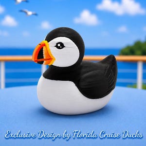 May include: A puffin-shaped rubber duck with a black head, back, and wings, a white face and belly, and a bright orange, black, and white beak. The text Exclusive Design by Florida Cruise Ducks is printed in white at the bottom of the image.