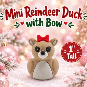 Mini Reindeer Duck with Bow – 1 Inch Tall Christmas Reindeer Figurine, Holiday Mini Duck, Stocking Stuffer