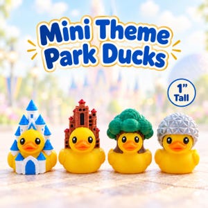 May include: Four yellow rubber ducks, each 1 inch tall, featuring different themed hats: a blue and white castle, a brown fortress, a green tree-like structure, and a silver geodesic dome. The text reads Mini Theme Park Ducks.